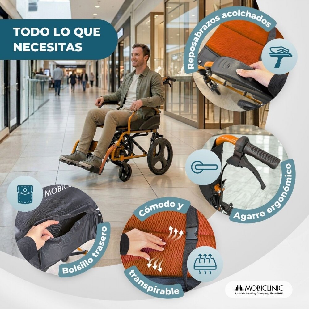 Silla de ruedas plegable aluminio freno manetas naranja Pirámide Mobiclinic 3