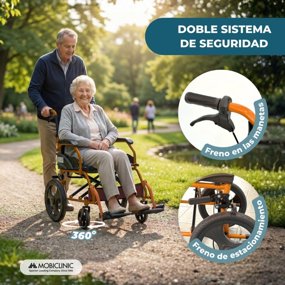 Silla de ruedas plegable aluminio freno manetas naranja Pirámide Mobiclinic 4