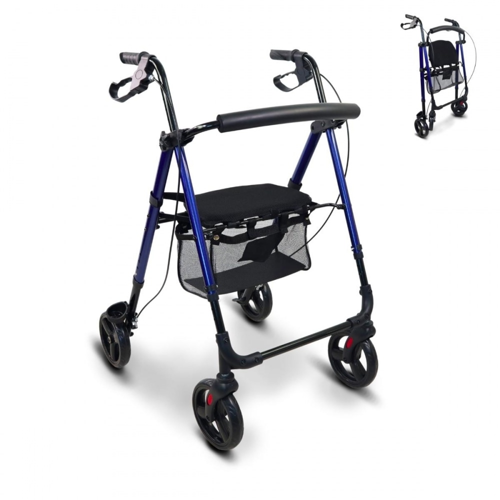 Andador plegable aluminio frenos manetas asiento respaldo 4 ruedas Augusto Mobiclinic 1