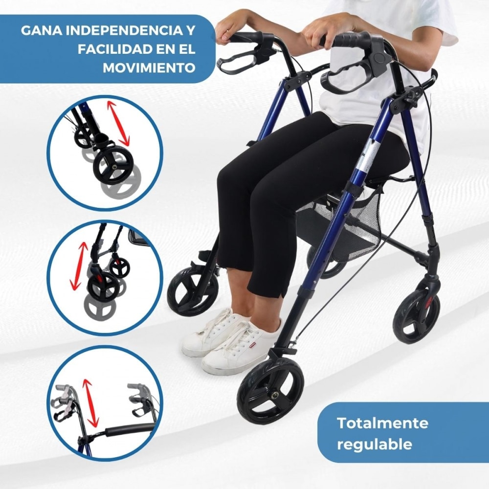 Andador plegable aluminio frenos manetas asiento respaldo 4 ruedas Augusto Mobiclinic 2