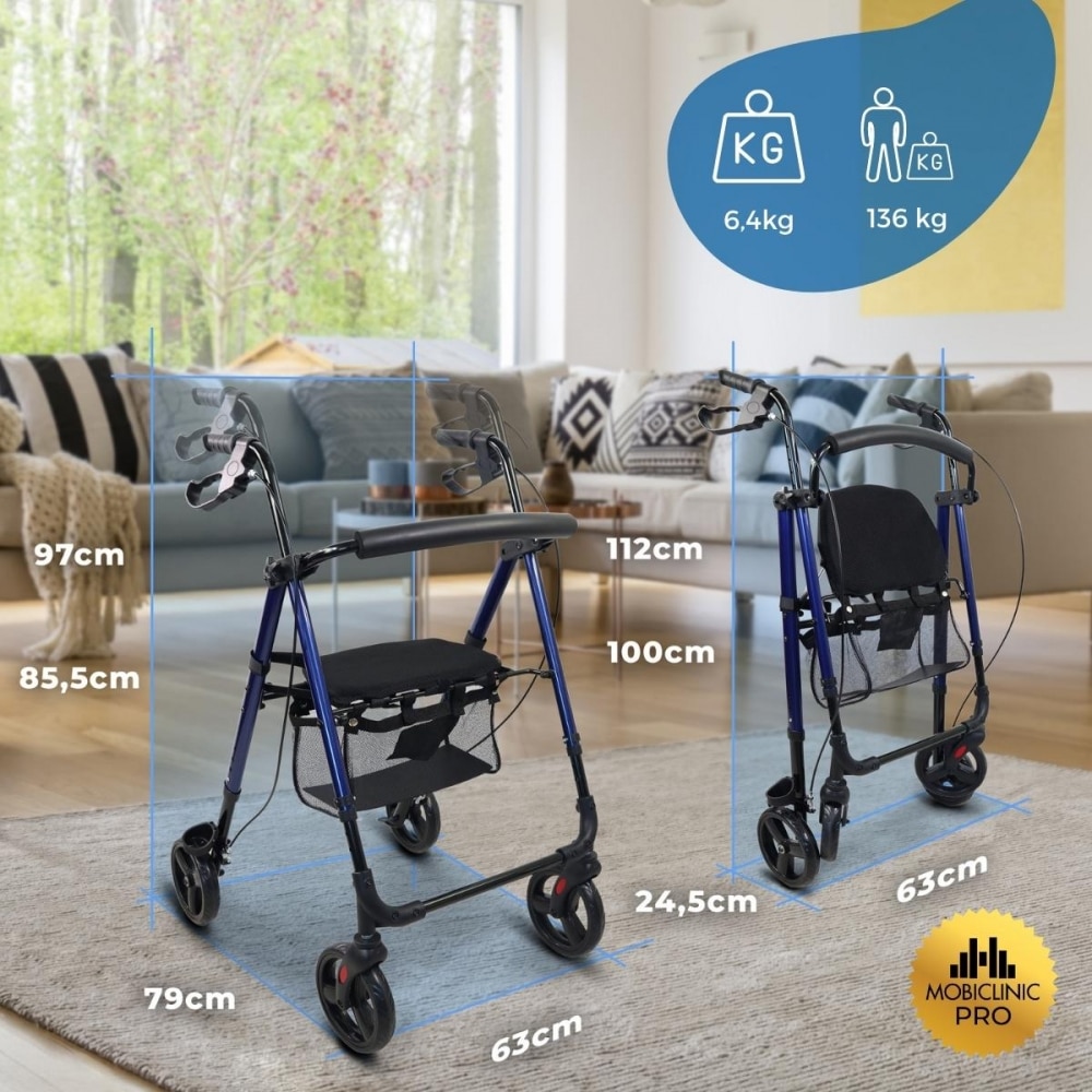Andador plegable aluminio frenos manetas asiento respaldo 4 ruedas Augusto Mobiclinic 3