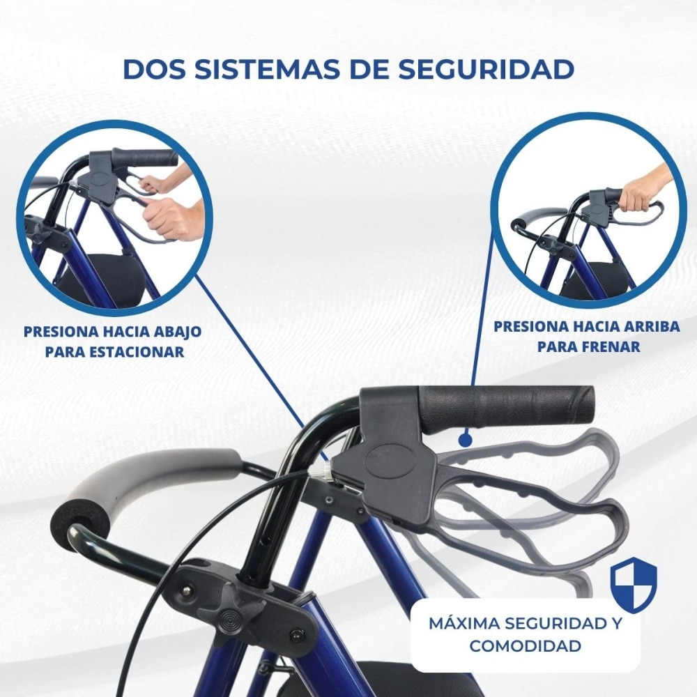 Andador plegable aluminio frenos manetas asiento respaldo 4 ruedas Augusto Mobiclinic 5