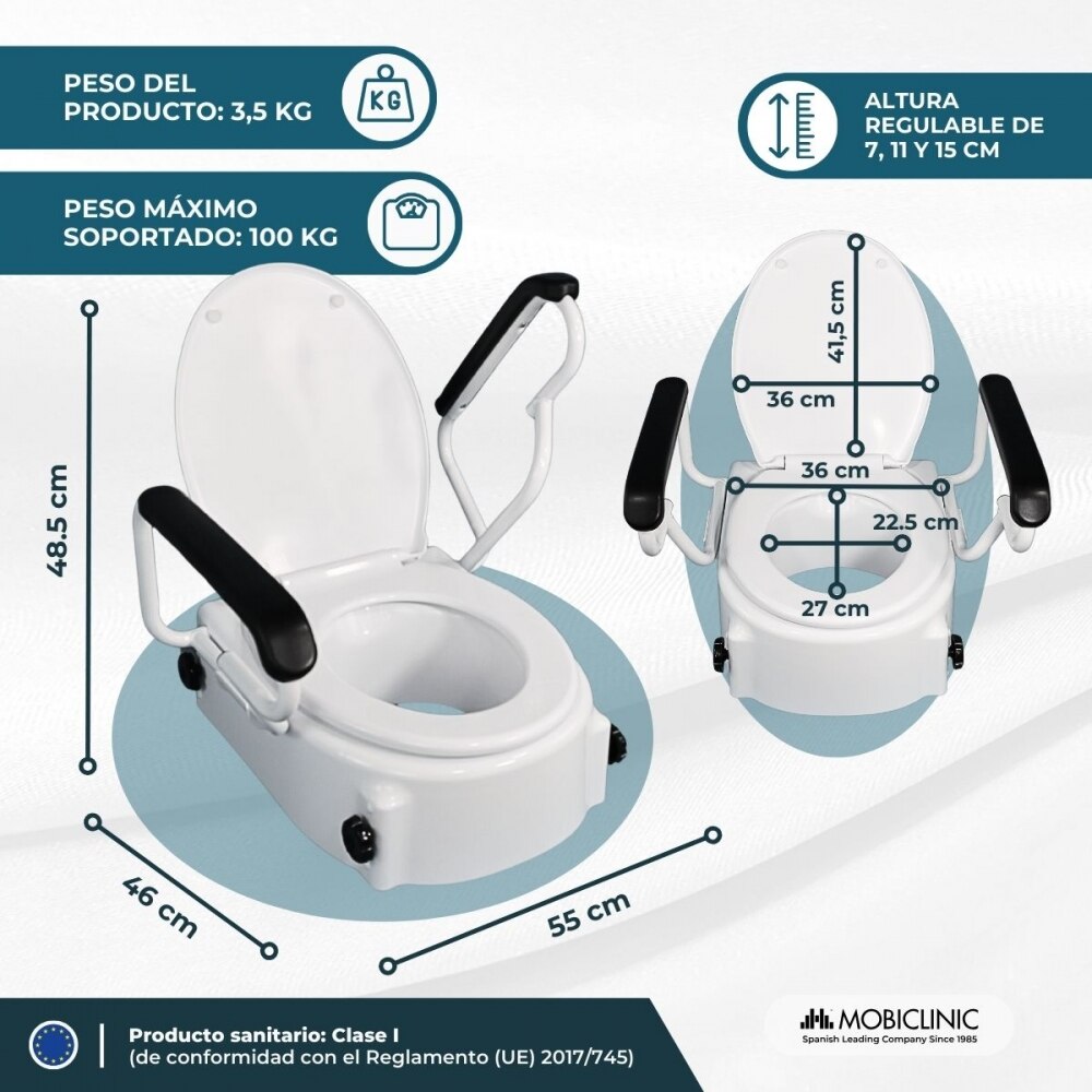 Elevador wc con tapa 17cm regulable inclinable blanco Tajo Mobiclinic 2
