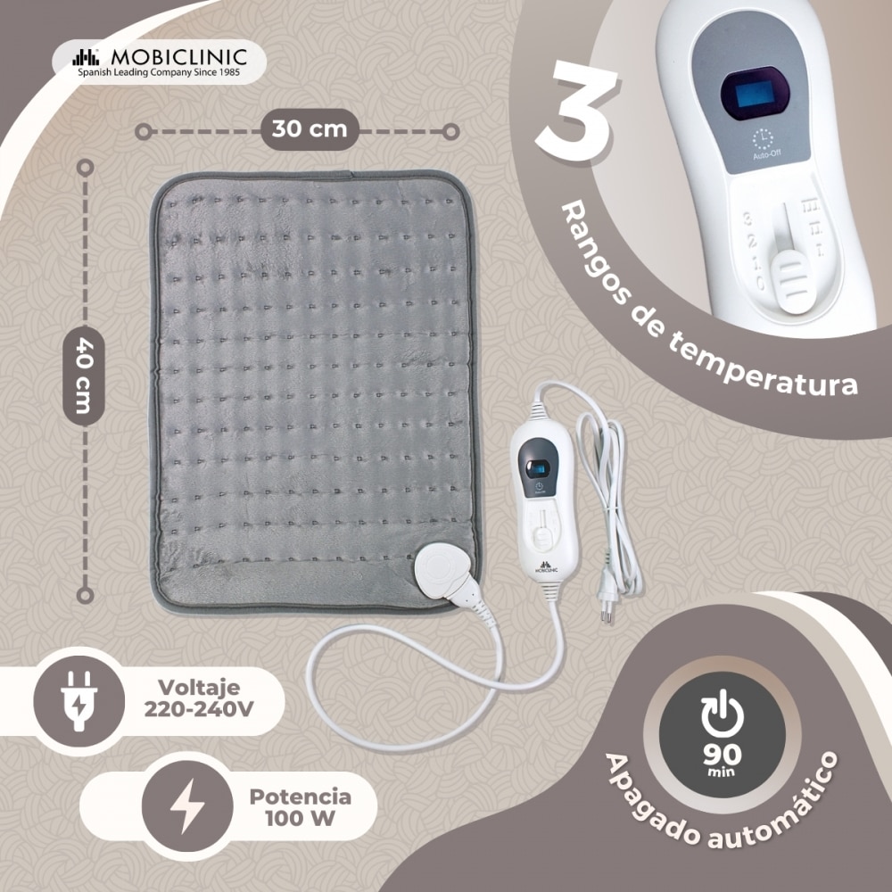 Almohadilla eléctrica 40x30 cm 3 niveles de calor apagado automático Mobiclinic 2