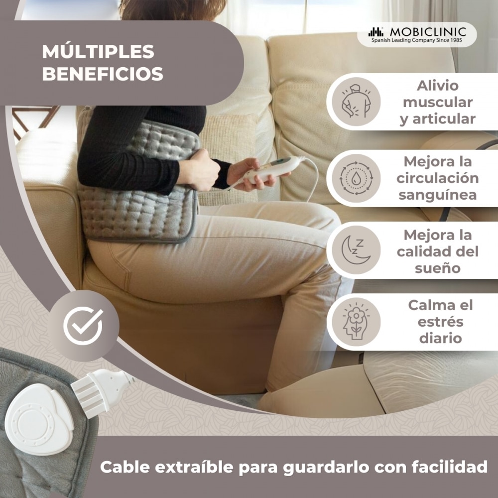 Almohadilla eléctrica 40x30 cm 3 niveles de calor apagado automático Mobiclinic 6