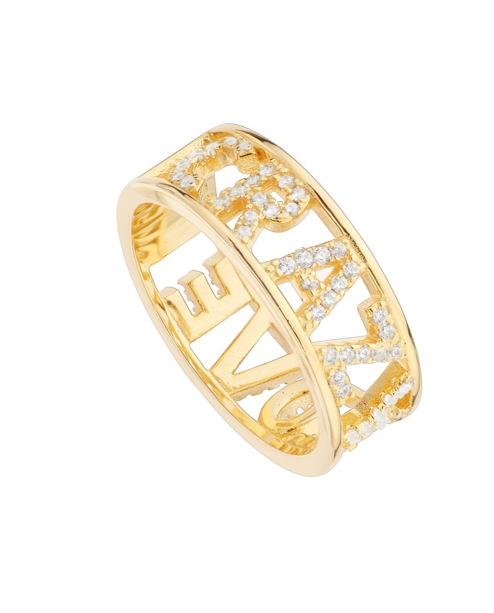 Anillo Love de plata chapada en oro y circonitas con texto crazy love Oro-1
