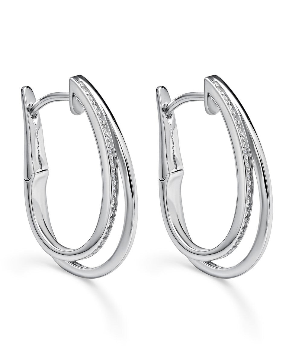 Pendientes criollas doble aro de plata combinando un aro liso y otro con circonitas blancas Blanco-2