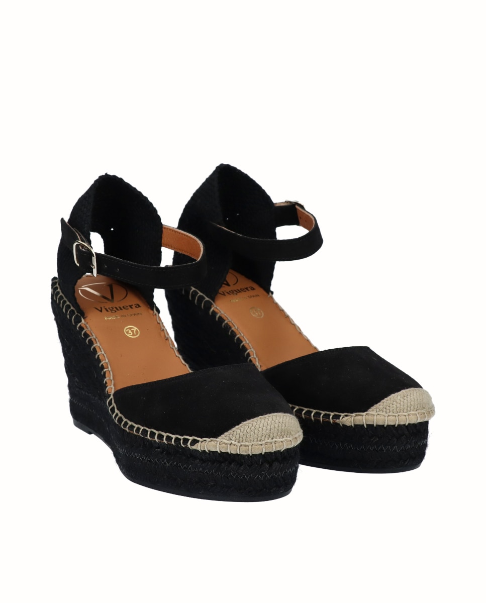 Alpargatas de cuña de mujer en serraje con plataforma - Viguera - Negro Negro-3