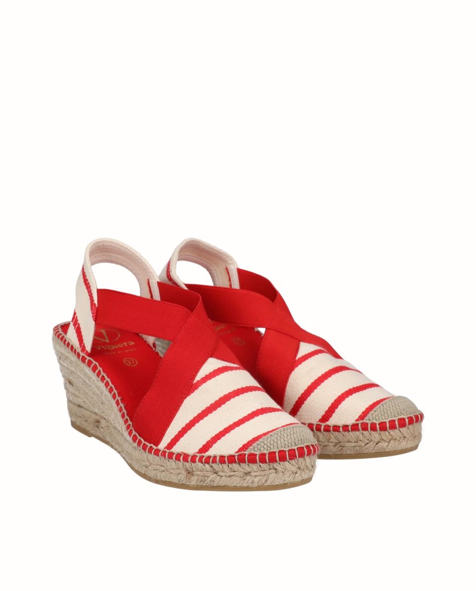 Alpargatas de cuña de mujer de rayas con elásticos - Viguera - Rojo Rojo-3