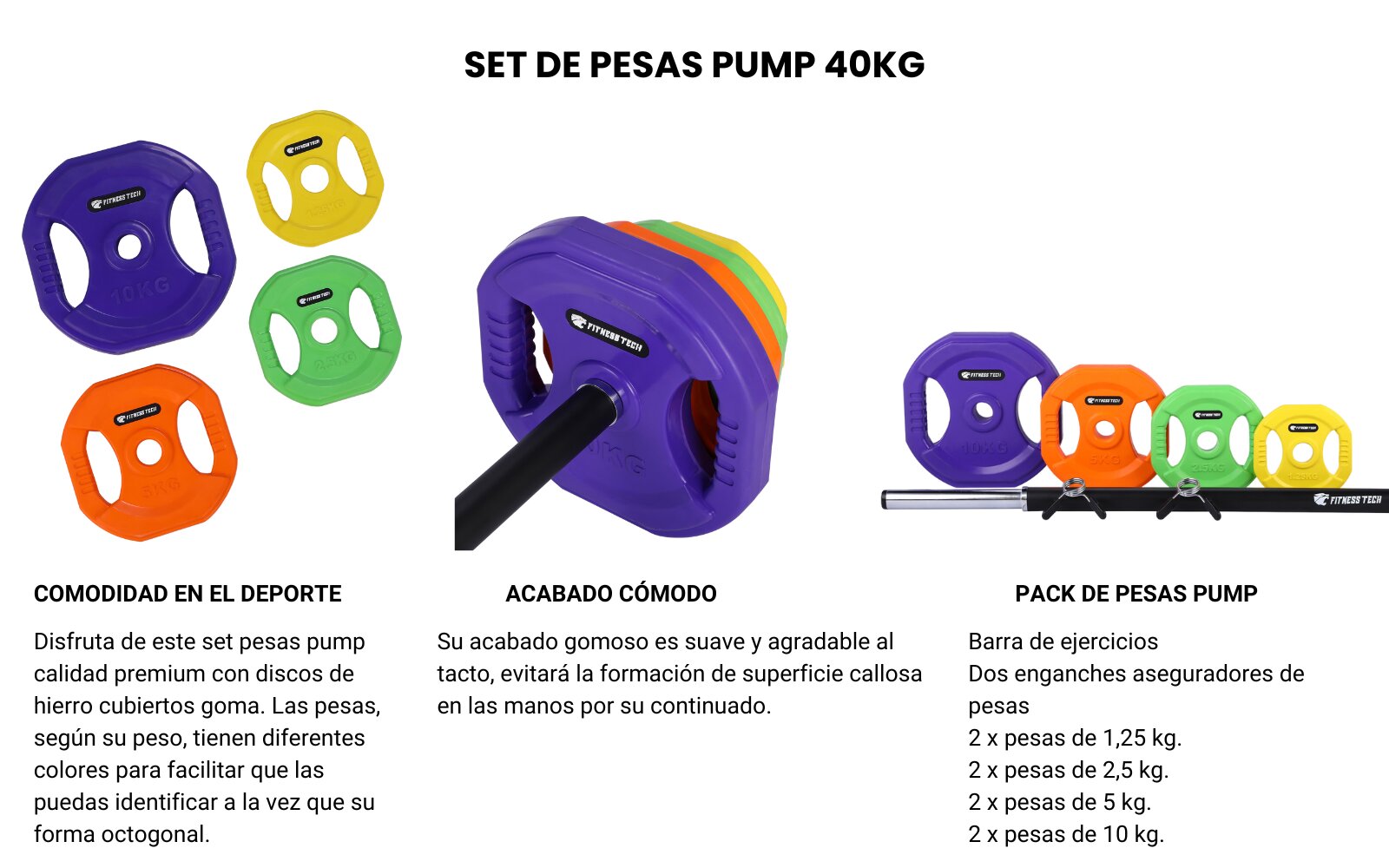 Set de barra Pump Profesional 40 kg con discos engomados Fitness Tech - Multicolor Multicolor-9