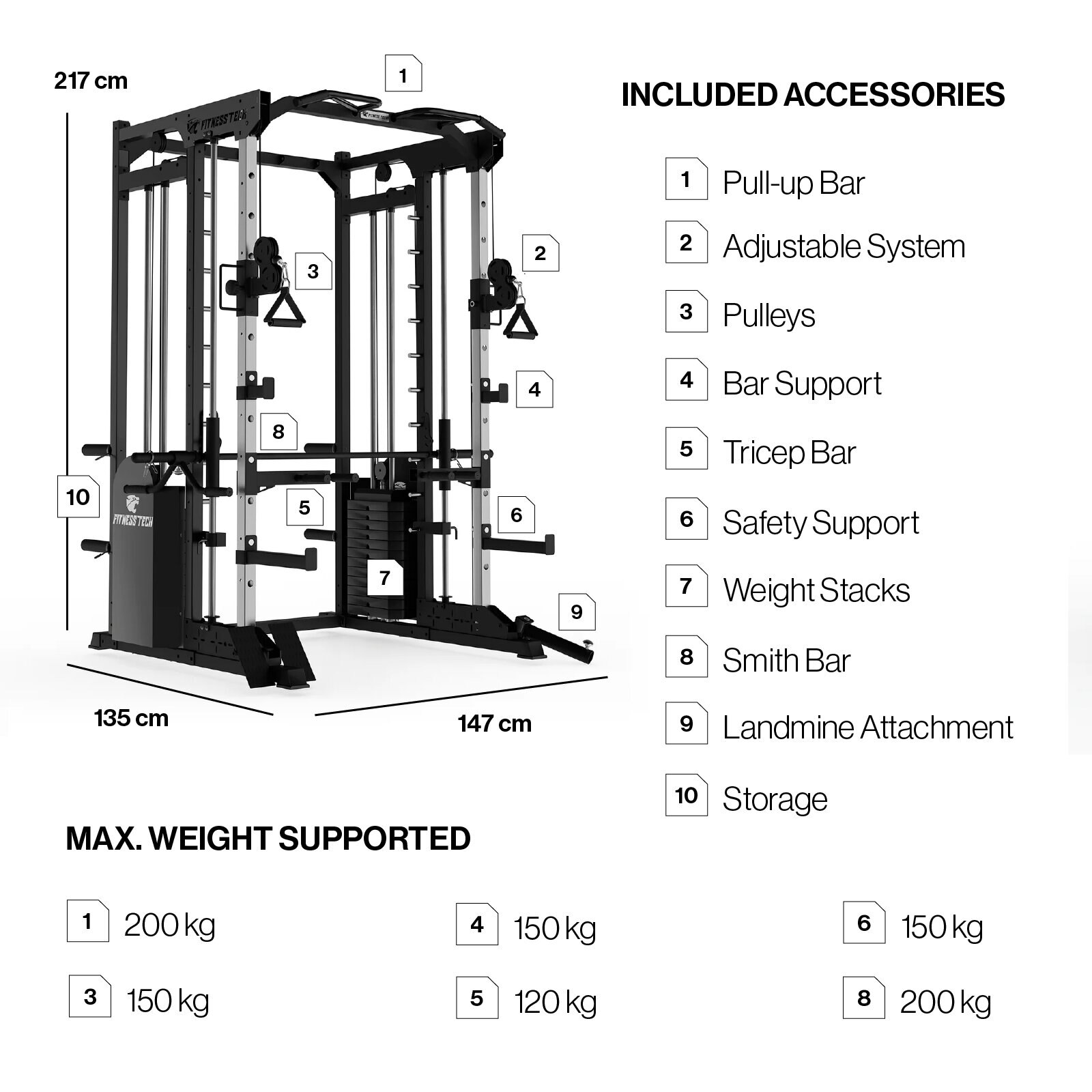 Multiestación Multipower Smith Machine S8000 Musculación Fitness Tech - Negro Negro-3