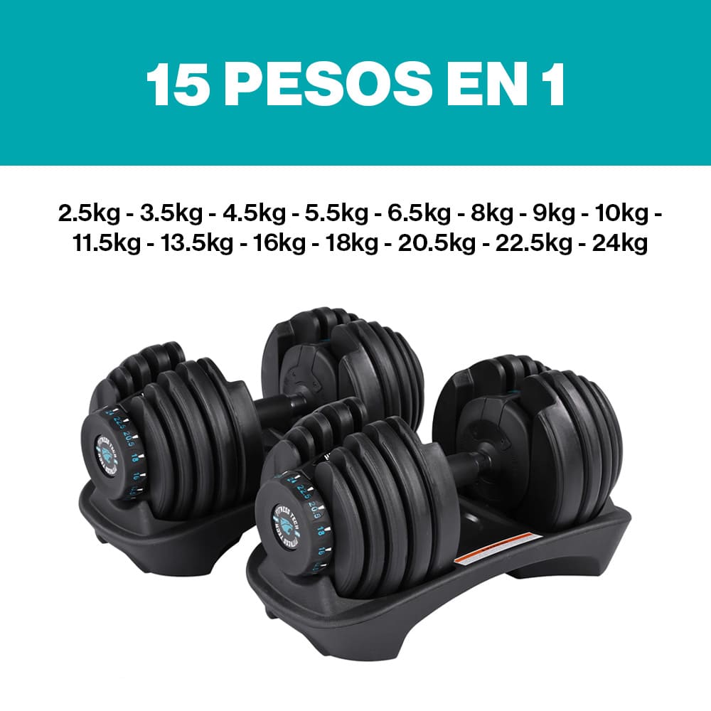Imagen 3 de Juego de 2 mancuernas ajustables de 2.5 kg a 24kg Fitness Tech - Negro Negro