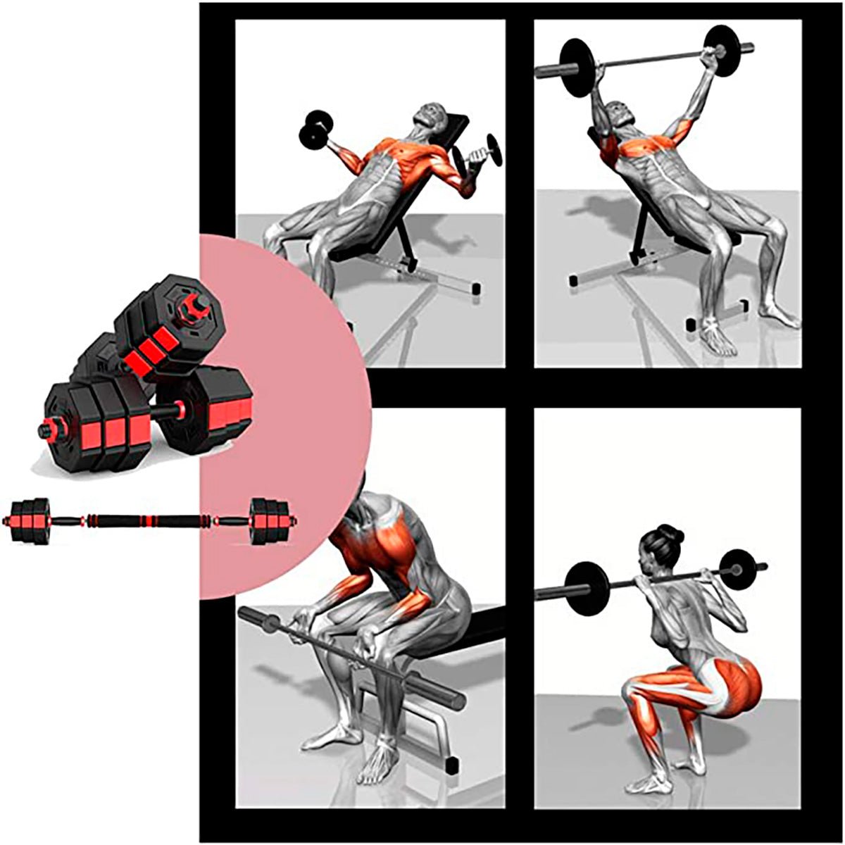Juego de mancuernas 2 en 1 Octogonal Fitness Tech - Negro / Rojo Negro / Rojo-7