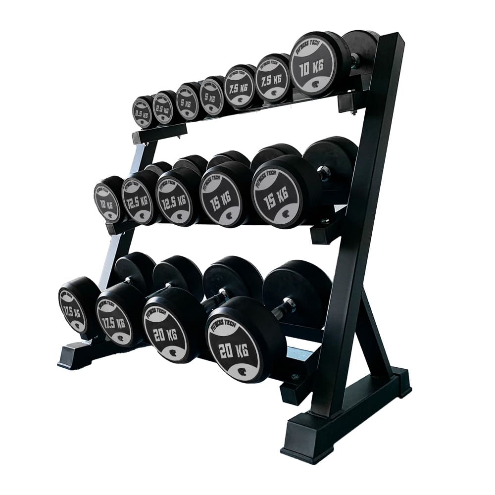 Imagen 1 de Set Mancuernero + Mancuernas Redondas 2,5 kg a 20 kg Fitness Tech Negro