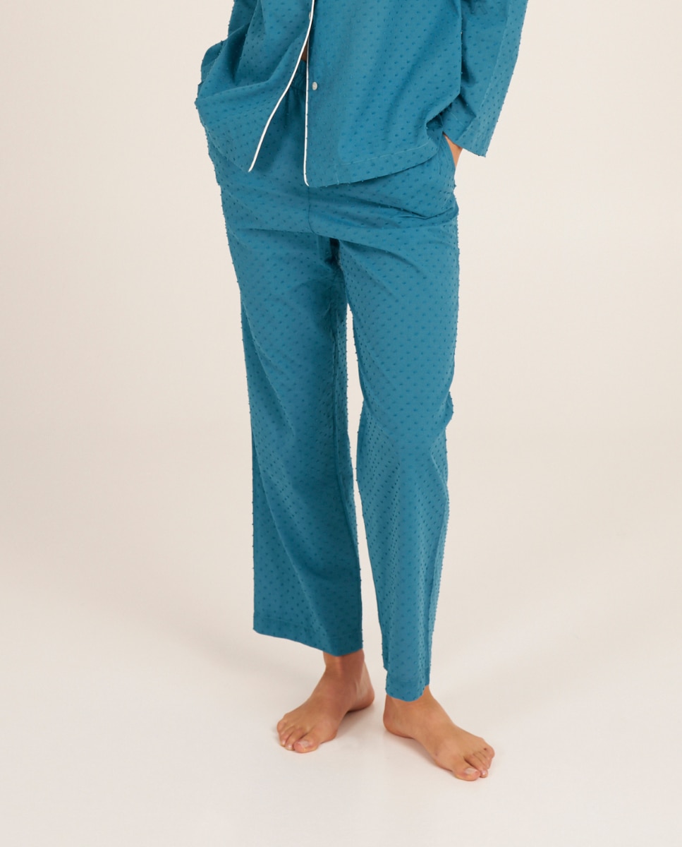 Pantalón de pijama de mujer en tejido de plumeti crudo y bolsillos - Bohodot - Petróleo Petróleo-1