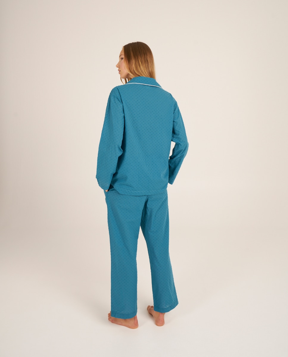 Pantalón de pijama de mujer en tejido de plumeti crudo y bolsillos - Bohodot - Petróleo Petróleo-3
