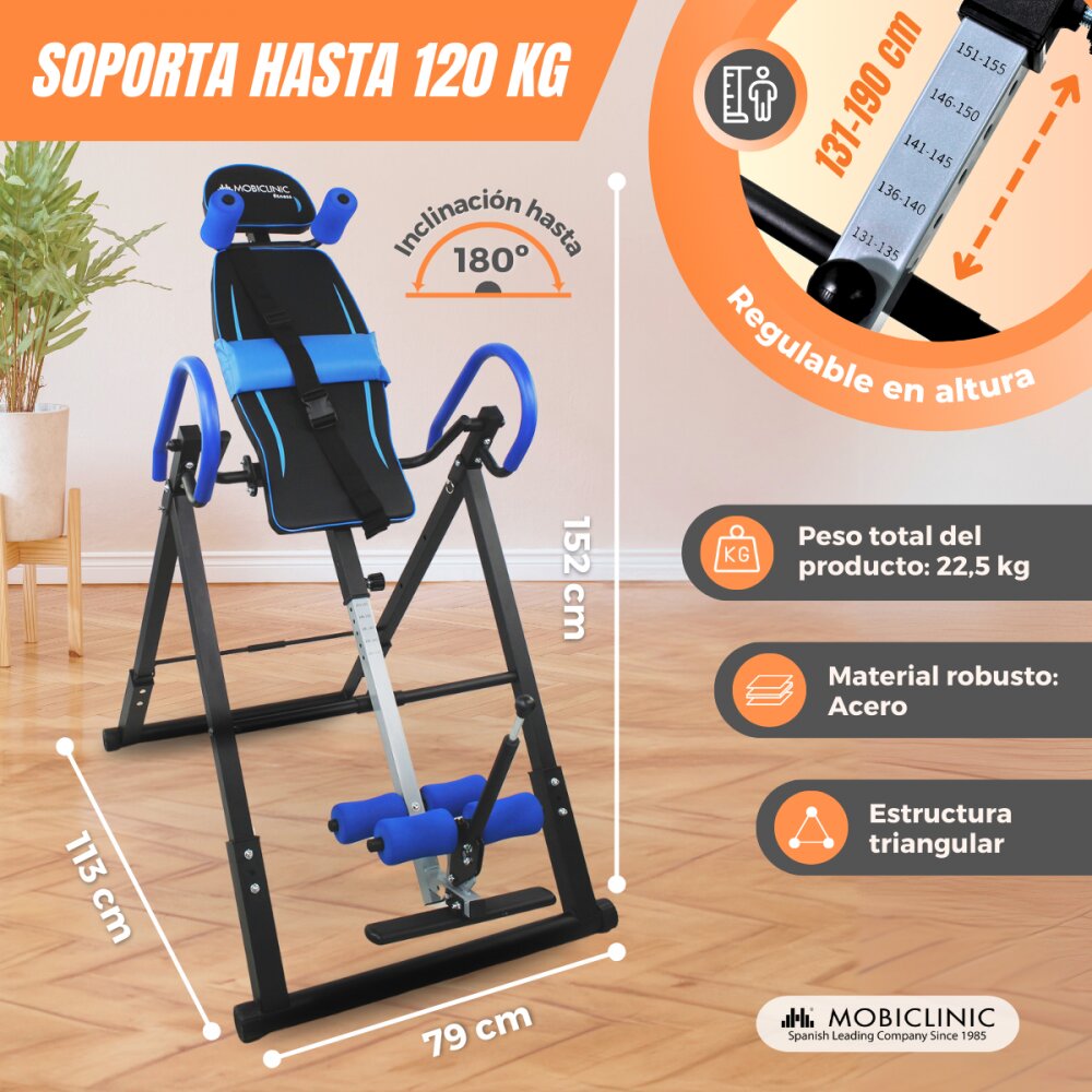Tabla inversión Mobiclinic Plegable Ajustable 131-190cm Máx 120kg Inclinación 180º Máx seguridad Acero Flexicare Azul-3