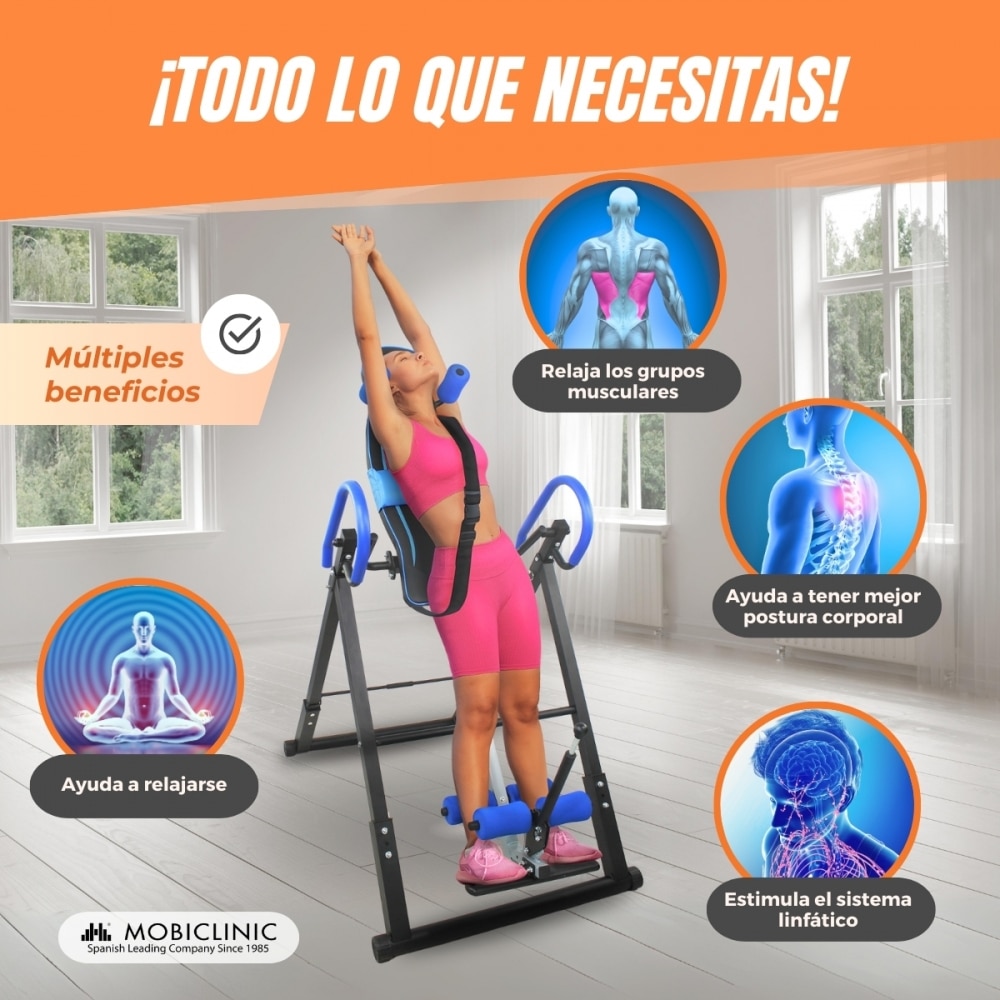 Tabla inversión Mobiclinic Plegable Ajustable 131-190cm Máx 120kg Inclinación 180º Máx seguridad Acero Flexicare Azul-4