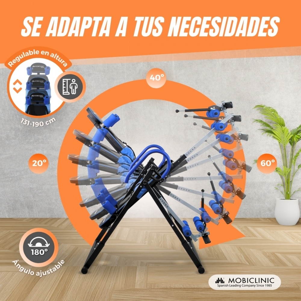 Tabla inversión Mobiclinic Plegable Ajustable 131-190cm Máx 120kg Inclinación 180º Máx seguridad Acero Flexicare Azul-6