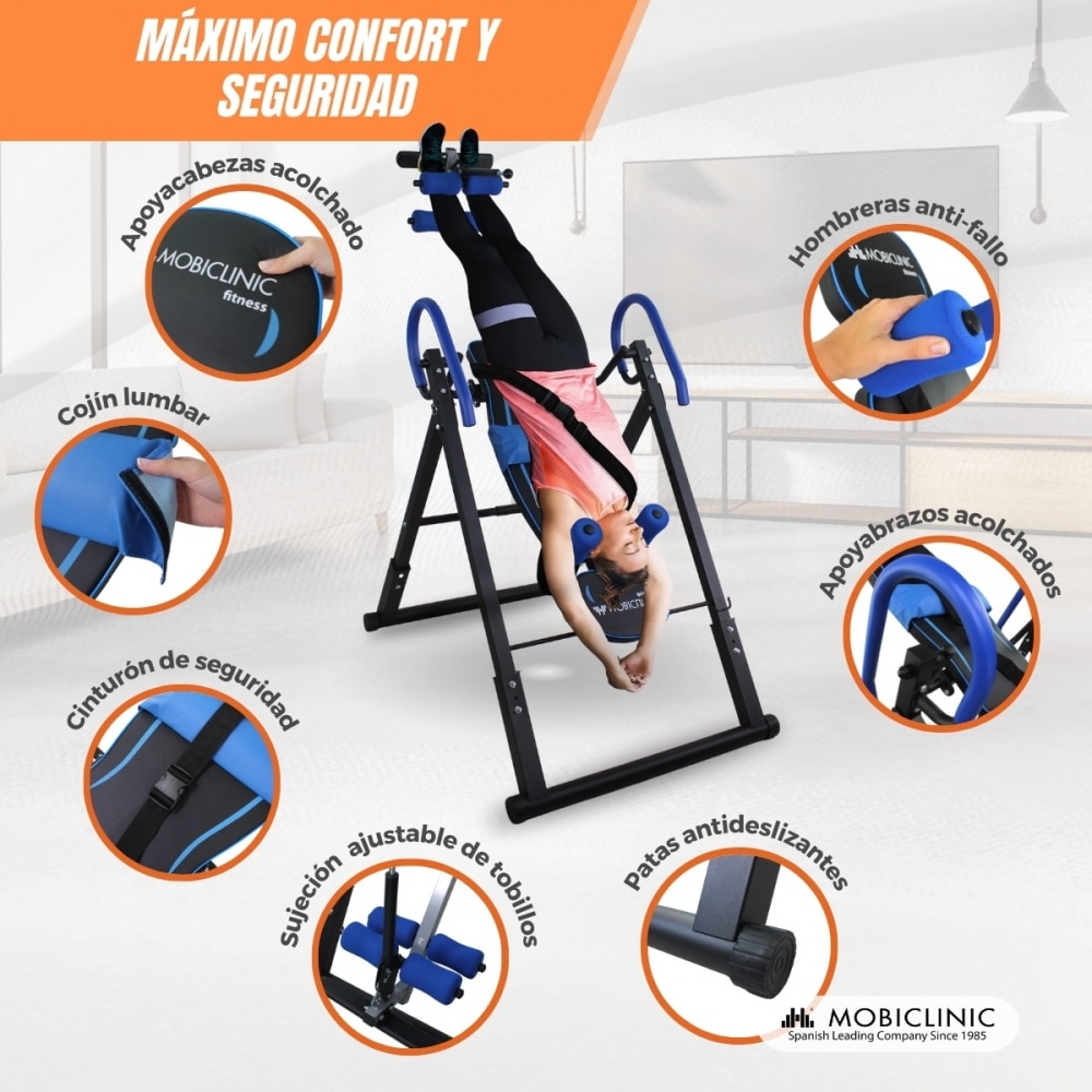 Tabla inversión Mobiclinic Plegable Ajustable 131-190cm Máx 120kg Inclinación 180º Máx seguridad Acero Flexicare Azul-7