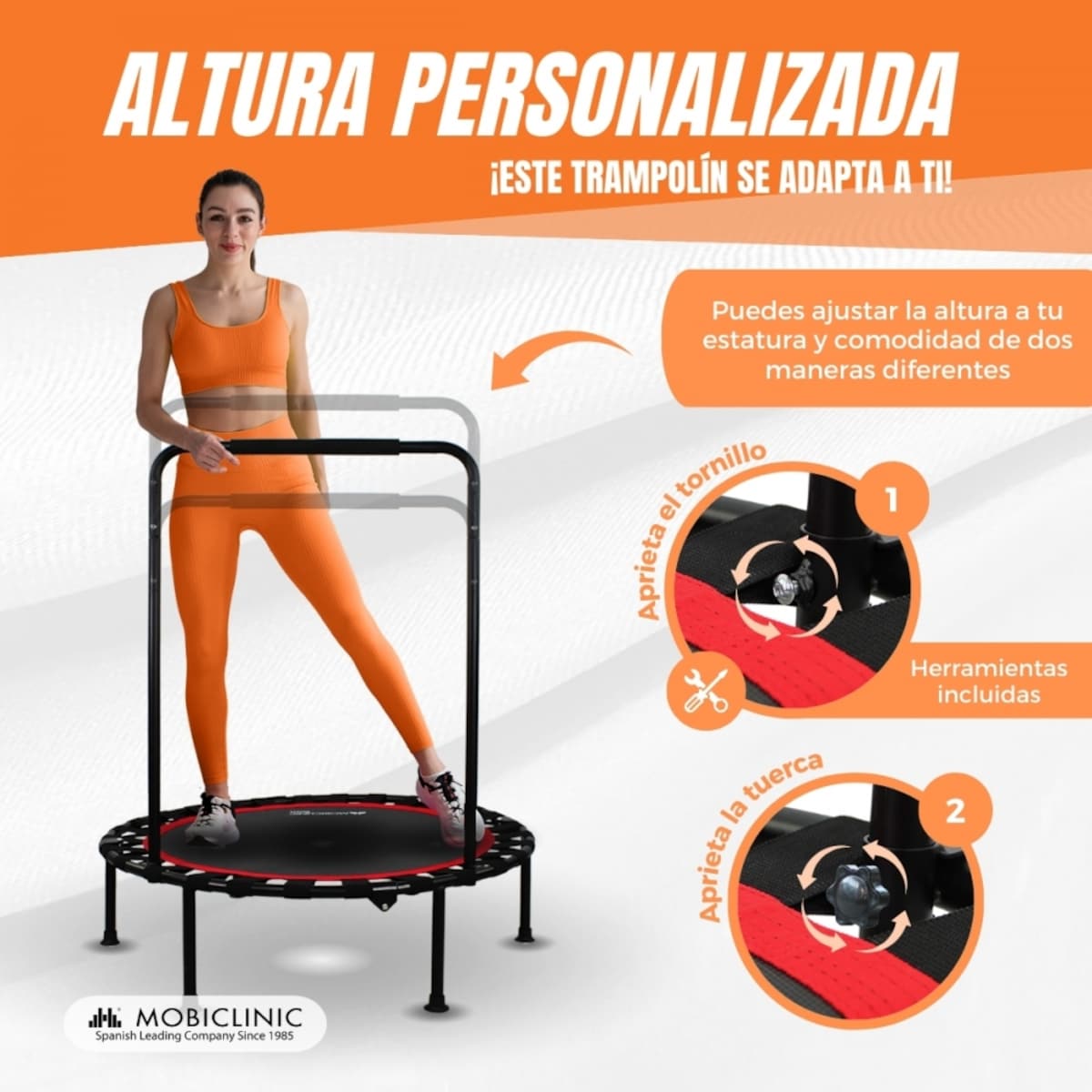 Trampolín redondo fitness Plegable Máx 150kg Reposabrazos regulable Desmontable Kangumobi Mobiclinic Negro-4