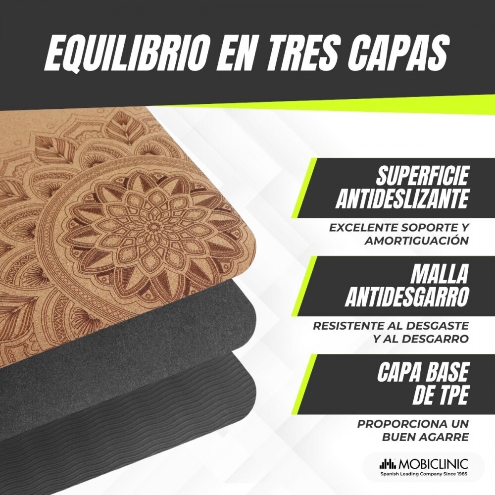 Esterilla de corcho natural TPE reciclable con amortiguación equilibrada y diseño con mandalas Mobiclinic Marrón-3