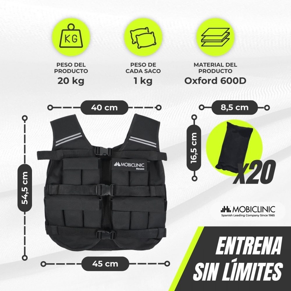 Chaleco lastradro 20 kg Peso ajustable Transpirable Acolchado Adaptable Negro Iron20 Mobiclinic Negro-2