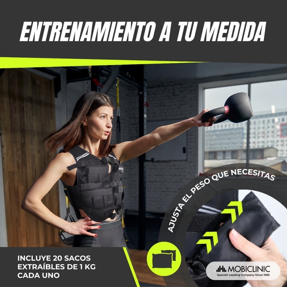 Chaleco lastradro 20 kg Peso ajustable Transpirable Acolchado Adaptable Negro Iron20 Mobiclinic Negro-3