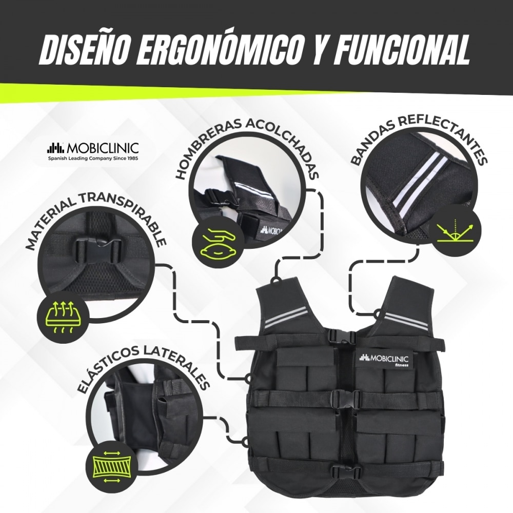 Chaleco lastradro 20 kg Peso ajustable Transpirable Acolchado Adaptable Negro Iron20 Mobiclinic Negro-5