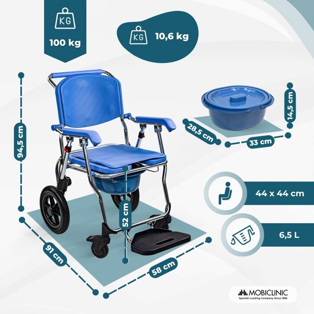 Silla de ruedas inodoro aluminio ruedas 12"Plegable y compacto Reposapies amplio Babor Mobiclinic Azul-2