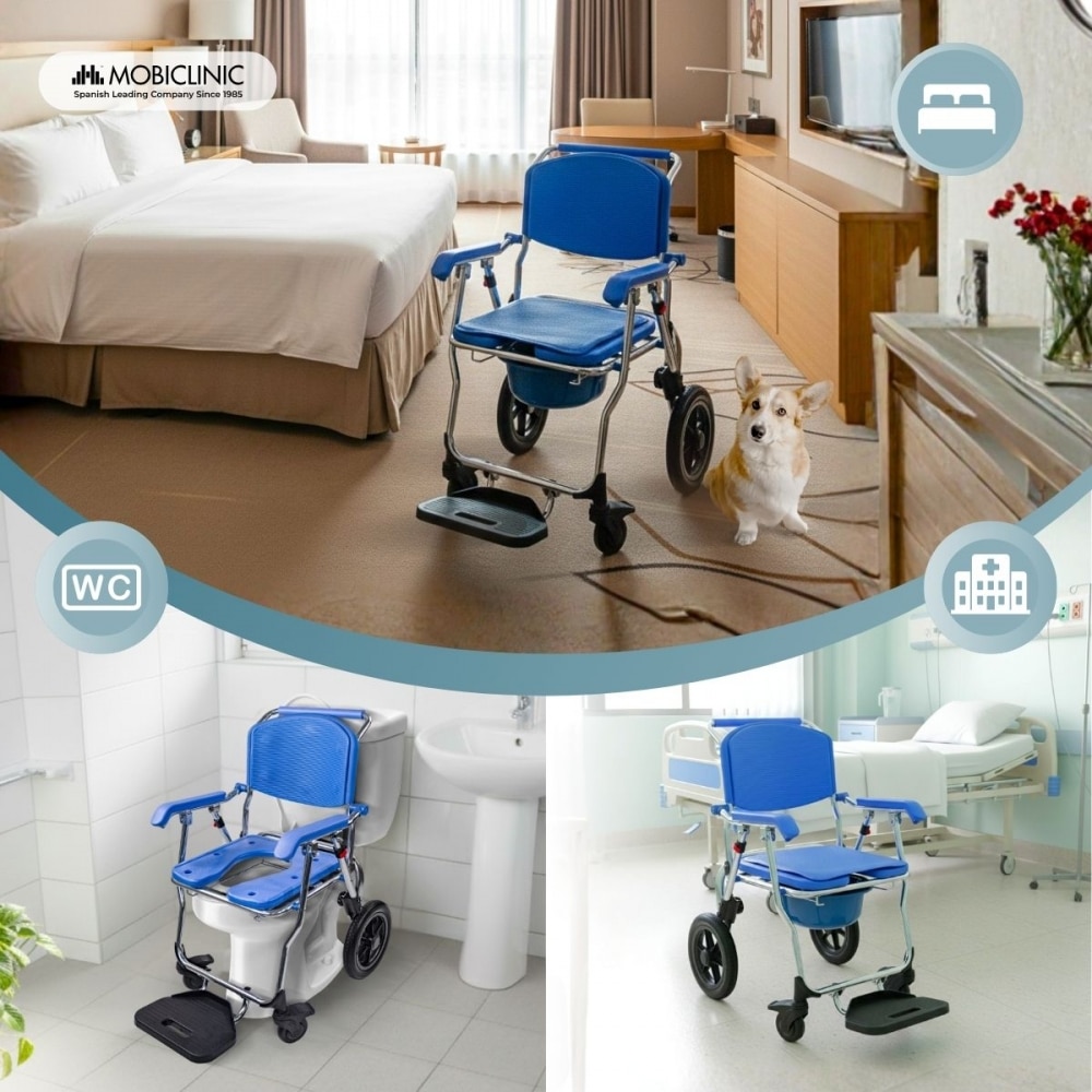 Silla de ruedas inodoro aluminio ruedas 12"Plegable y compacto Reposapies amplio Babor Mobiclinic Azul-3