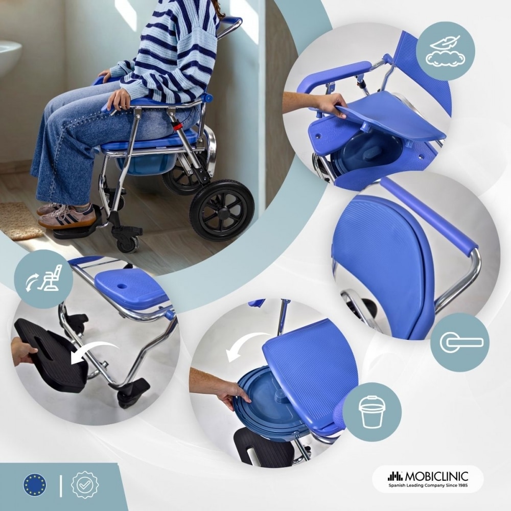 Silla de ruedas inodoro aluminio ruedas 12"Plegable y compacto Reposapies amplio Babor Mobiclinic Azul-4