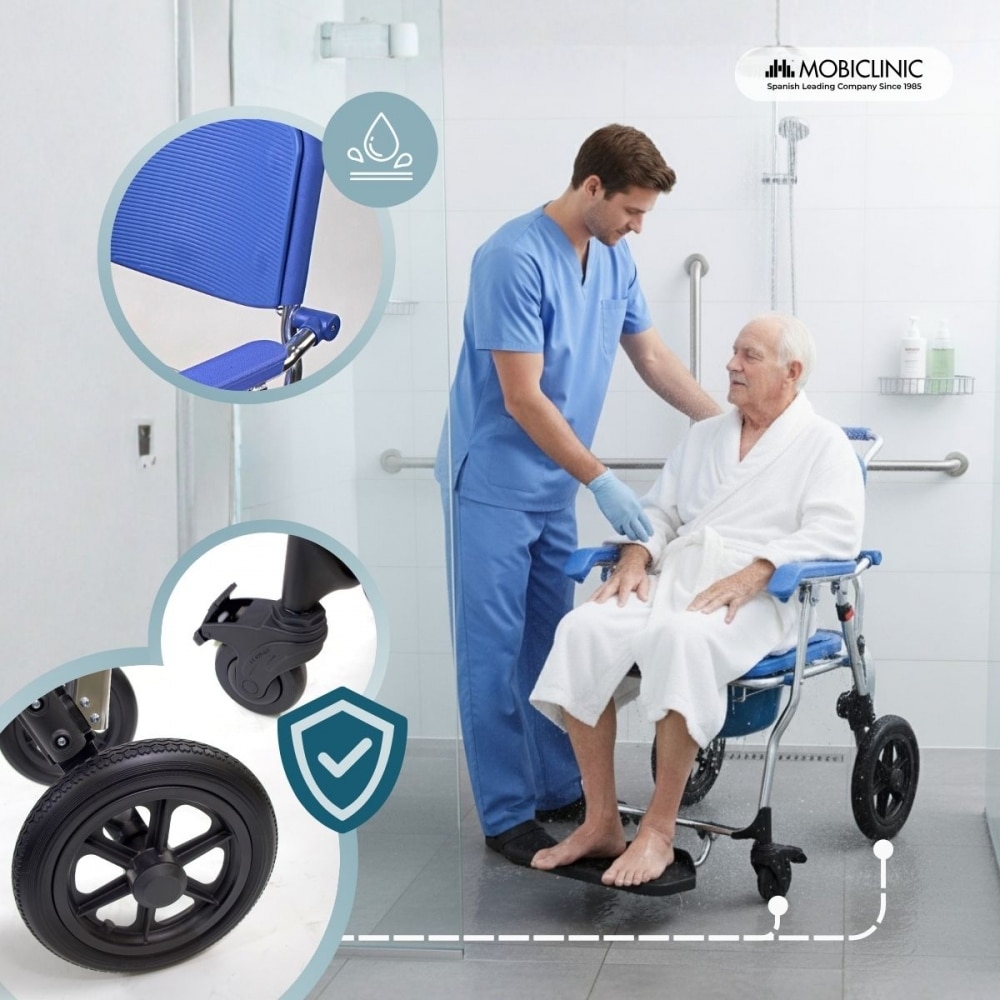 Silla de ruedas inodoro aluminio ruedas 12"Plegable y compacto Reposapies amplio Babor Mobiclinic Azul-5