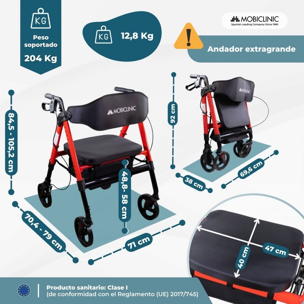 Imagen 2 de Andador bariátrico XXL Plegable Hasta 204 kg Aluminio reforzado Frenos Madeira Mobiclinic Rojo