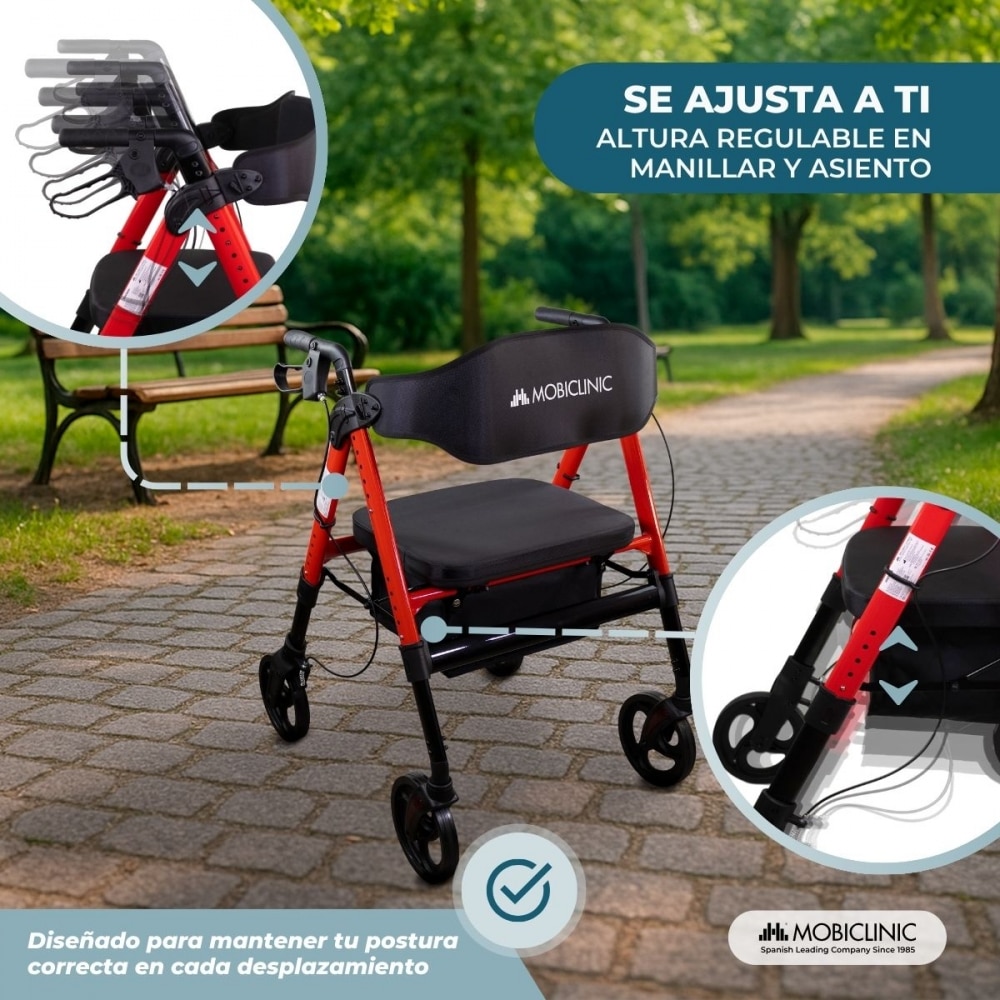 Imagen 3 de Andador bariátrico XXL Plegable Hasta 204 kg Aluminio reforzado Frenos Madeira Mobiclinic Rojo
