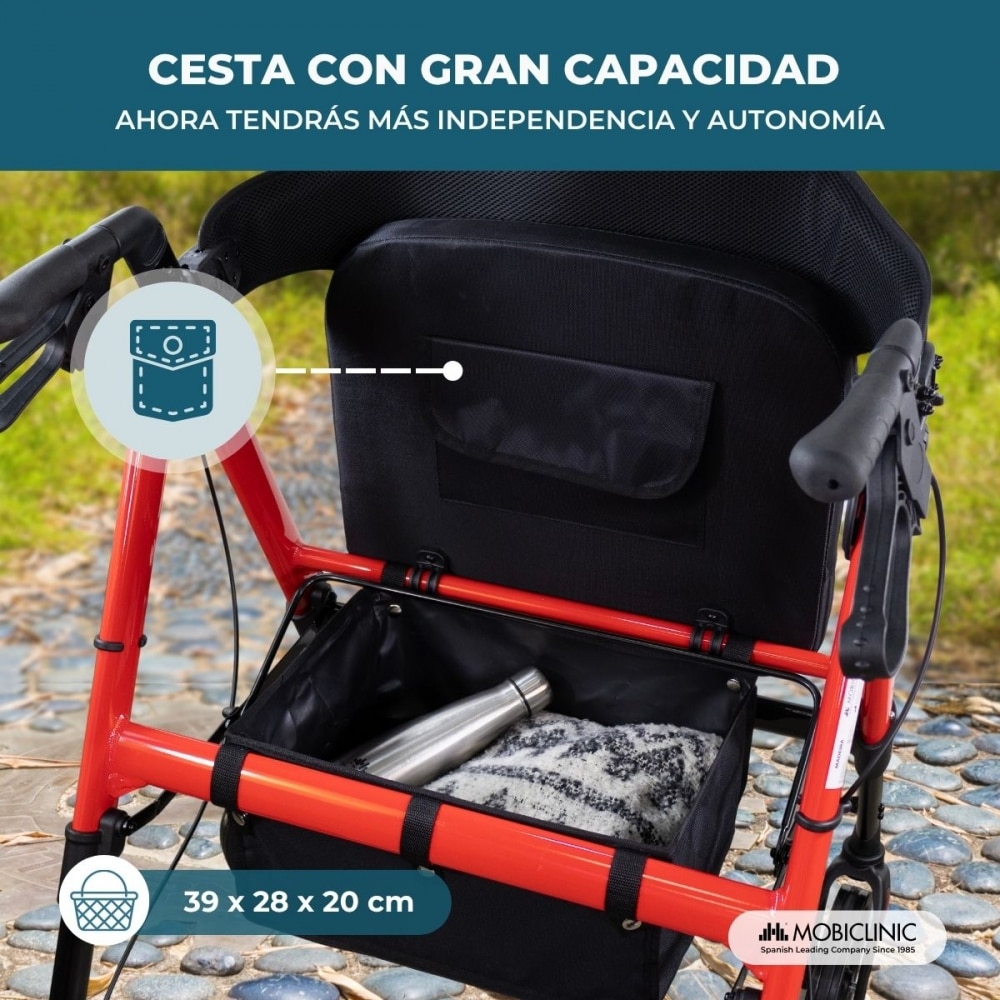 Imagen 5 de Andador bariátrico XXL Plegable Hasta 204 kg Aluminio reforzado Frenos Madeira Mobiclinic Rojo
