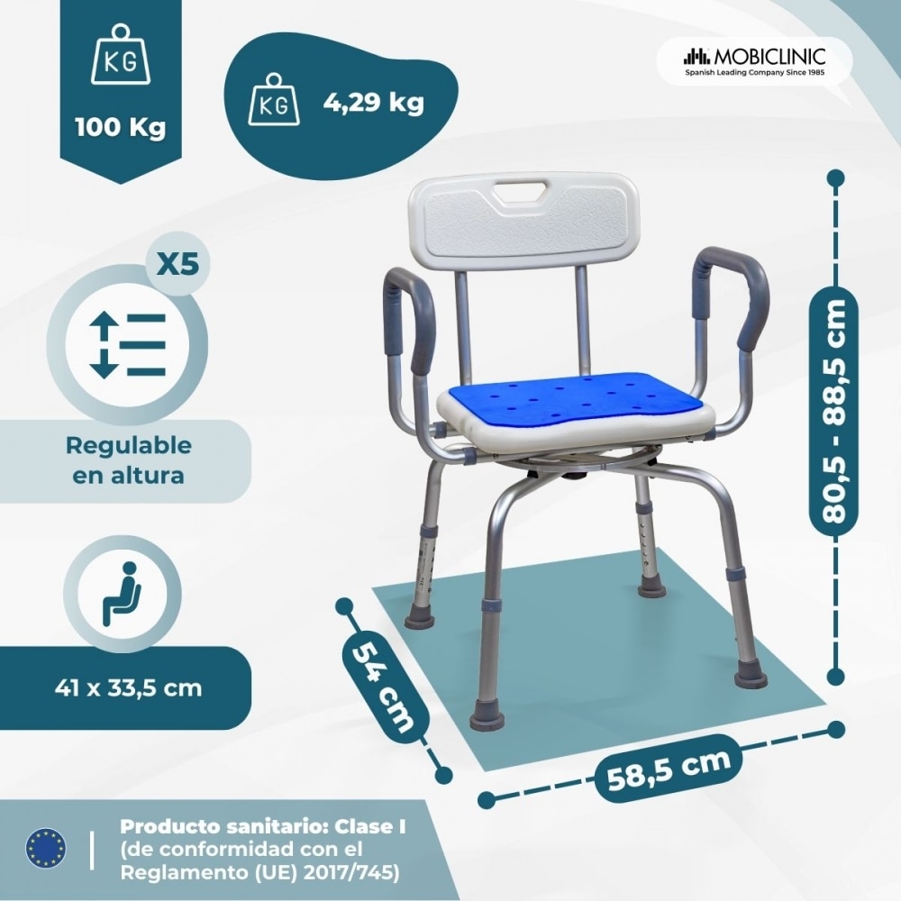 Imagen 2 de Banqueta baño Altura ajustable Antideslizante Ligero Giro 360 Akila Mobiclinic Blanco