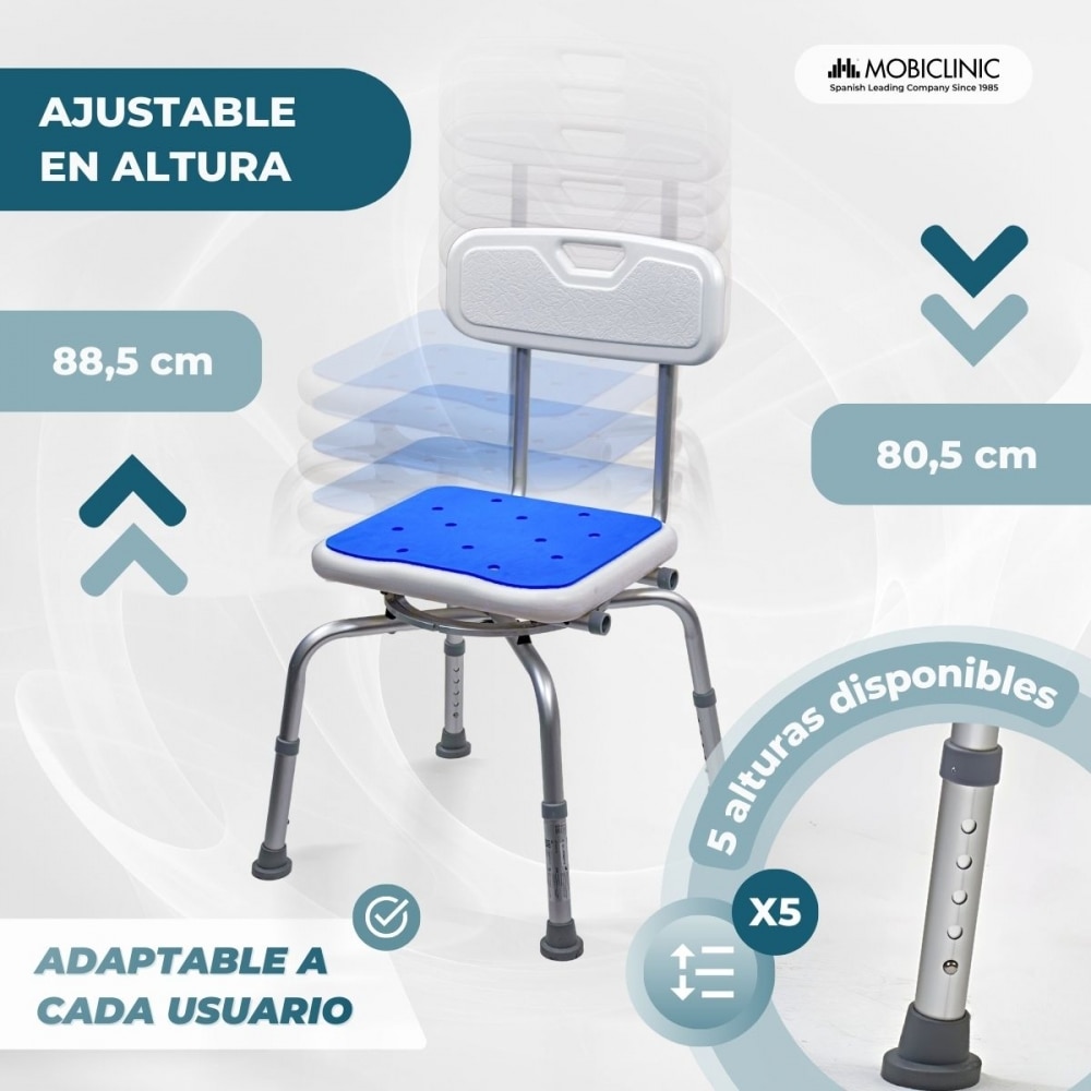 Imagen 3 de Banqueta baño Altura ajustable Antideslizante Ligero Giro 360 Akila Mobiclinic Blanco