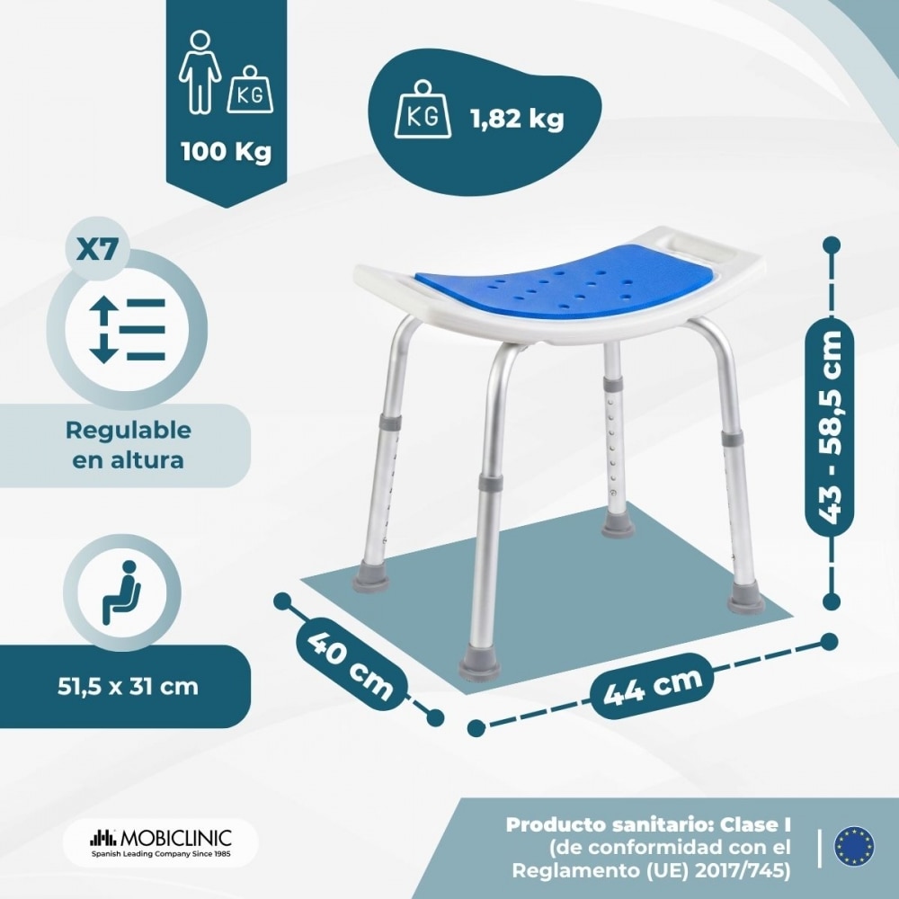 Imagen 2 de Taburete para baño Acolchado Regulable en altura 41x51 cm Santana Mobiclinic Azul