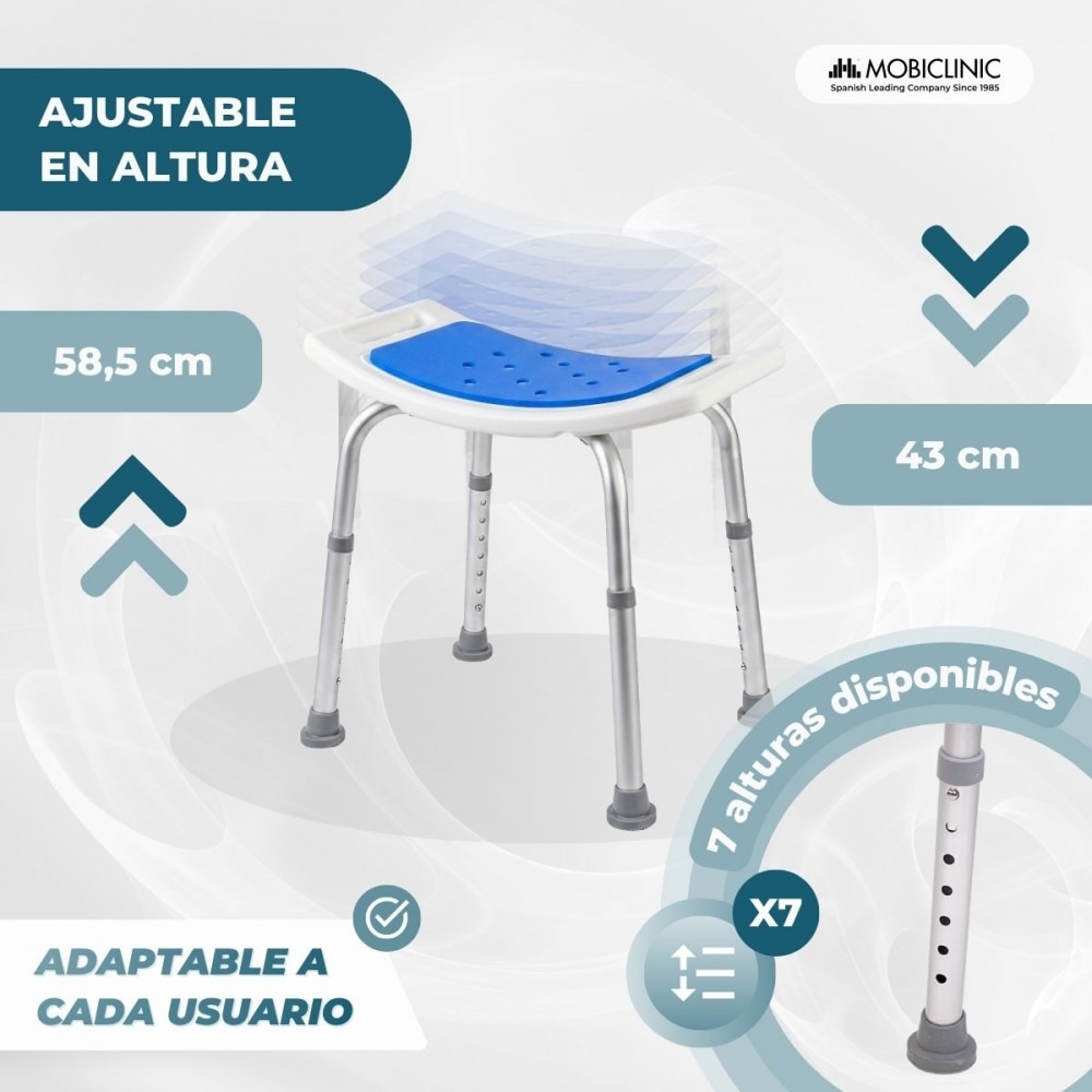 Imagen 3 de Taburete para baño Acolchado Regulable en altura 41x51 cm Santana Mobiclinic Azul