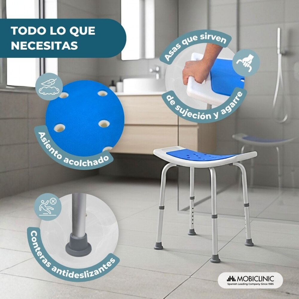 Imagen 4 de Taburete para baño Acolchado Regulable en altura 41x51 cm Santana Mobiclinic Azul