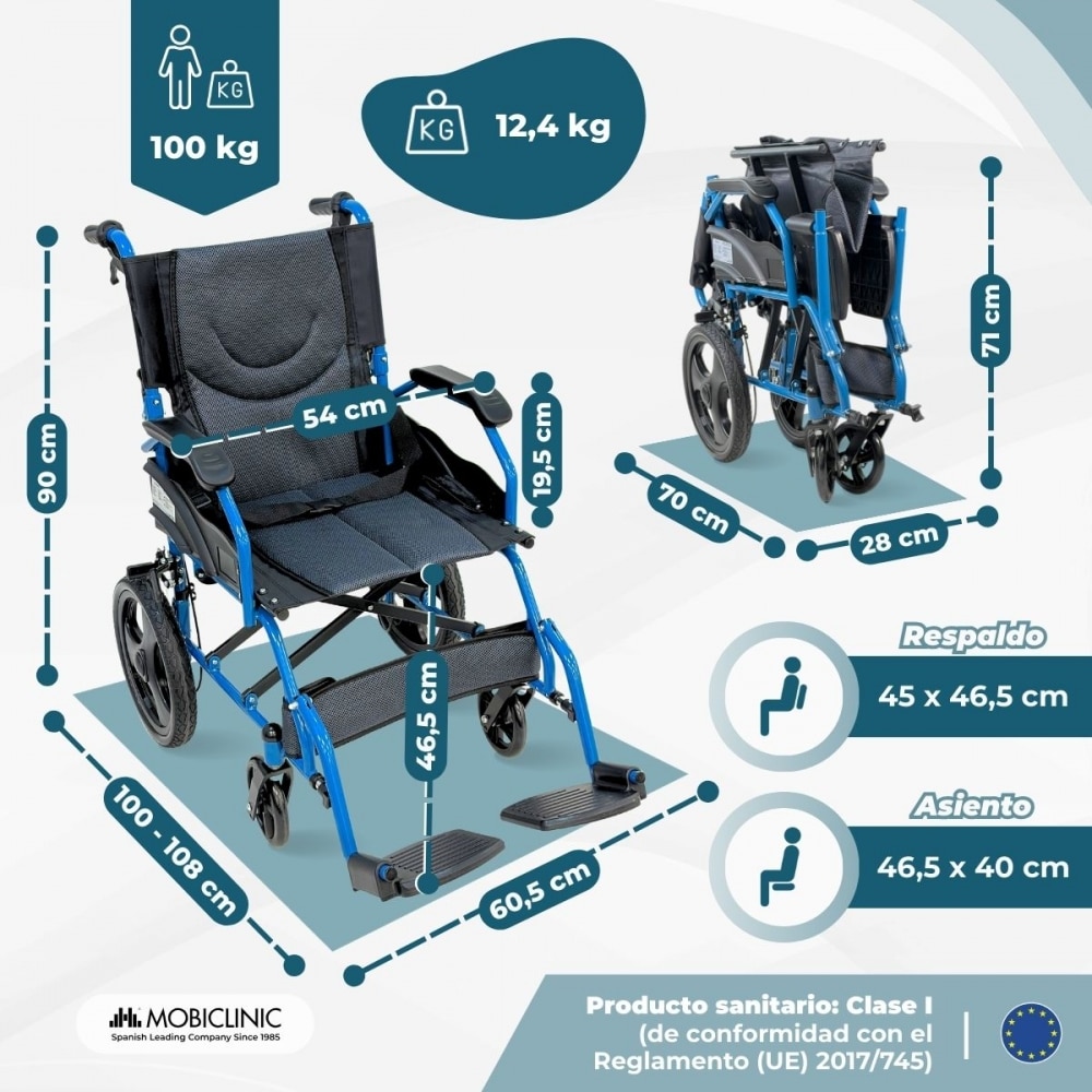 Silla de ruedas plegable Manual Acero Reposapiés abatibles Frenos dobles Asiento acolchado Mobiclinic Azul-2