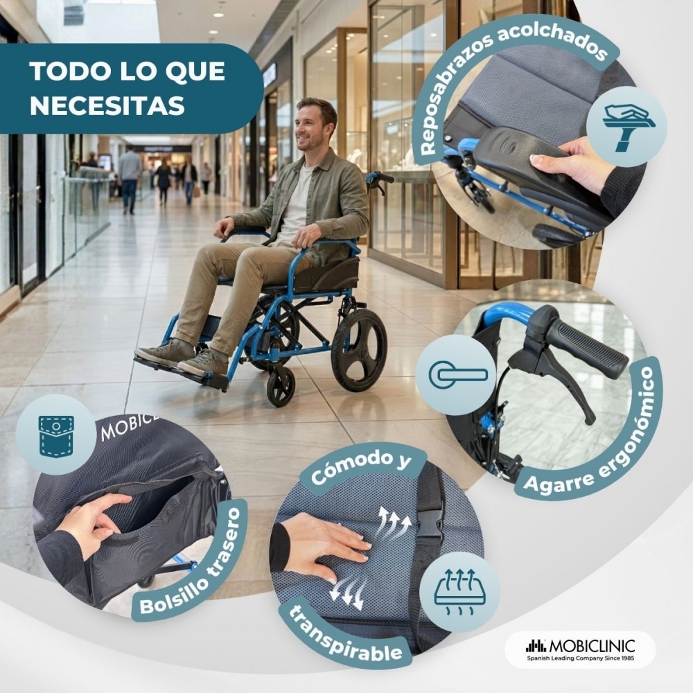 Silla de ruedas plegable Manual Acero Reposapiés abatibles Frenos dobles Asiento acolchado Mobiclinic Azul-3