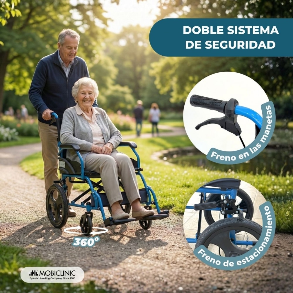 Silla de ruedas plegable Manual Acero Reposapiés abatibles Frenos dobles Asiento acolchado Mobiclinic Azul-4