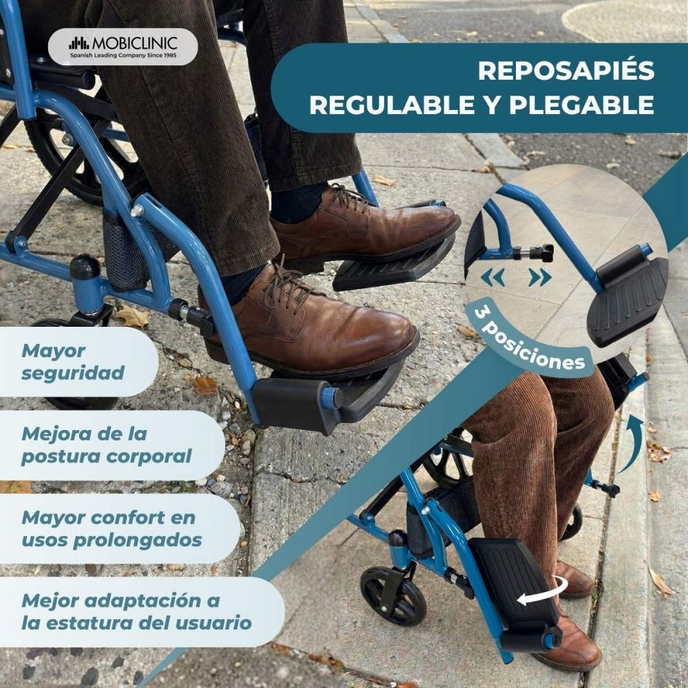 Silla de ruedas plegable Manual Acero Reposapiés abatibles Frenos dobles Asiento acolchado Mobiclinic Azul-5