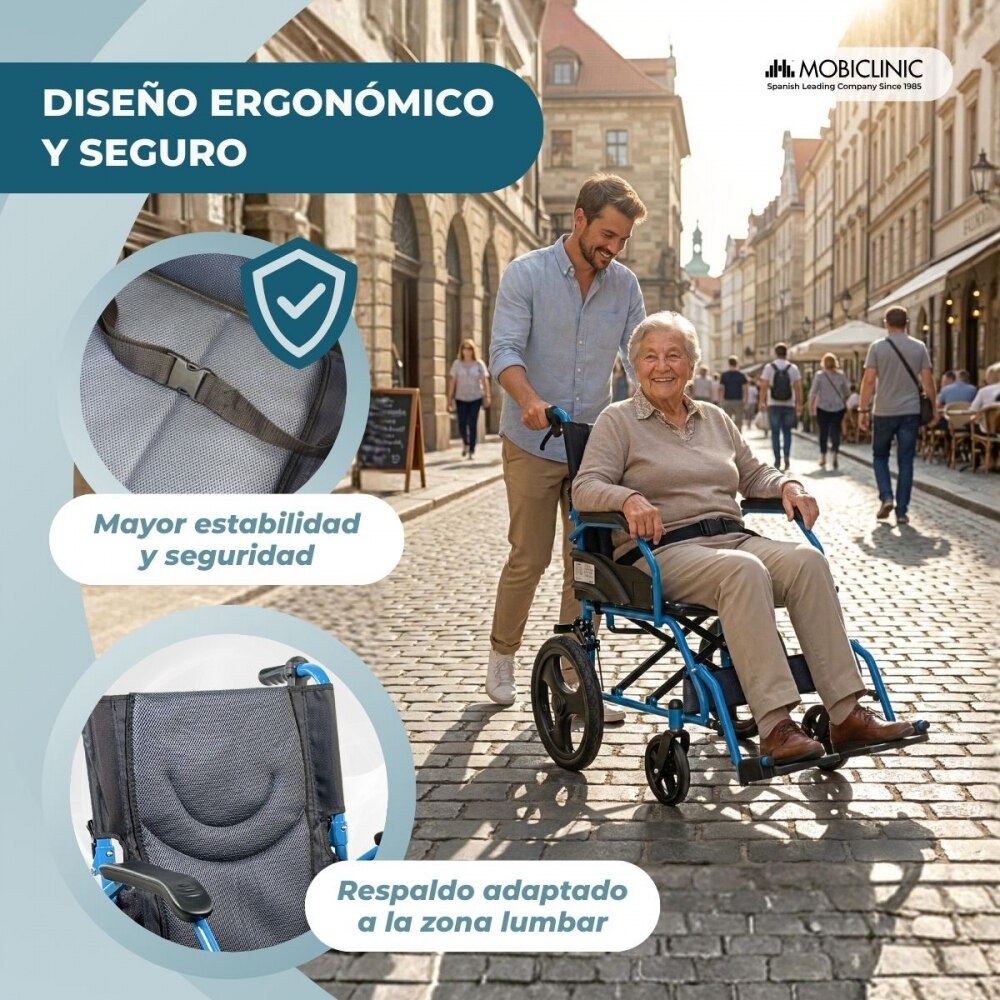 Silla de ruedas plegable Manual Acero Reposapiés abatibles Frenos dobles Asiento acolchado Mobiclinic Azul-6