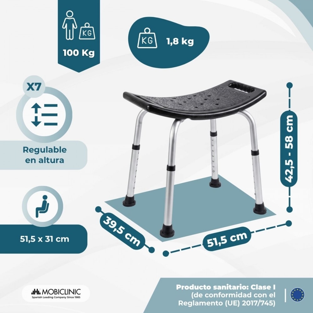 Silla de ducha Aluminio Regulable en altura Asiento de ducha Conteras antideslizantes San Fermín Mobiclinic Negro-2