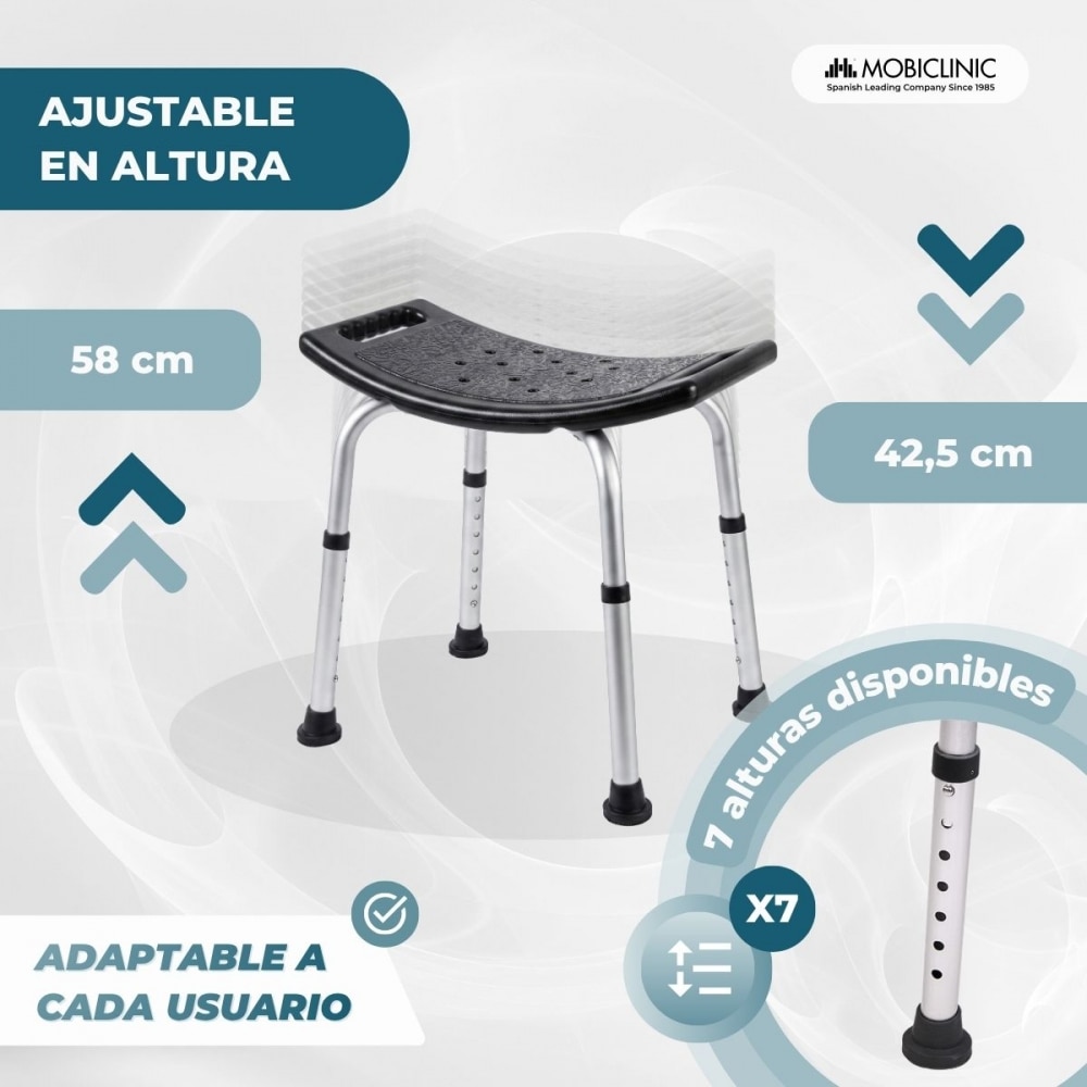 Silla de ducha Aluminio Regulable en altura Asiento de ducha Conteras antideslizantes San Fermín Mobiclinic Negro-3