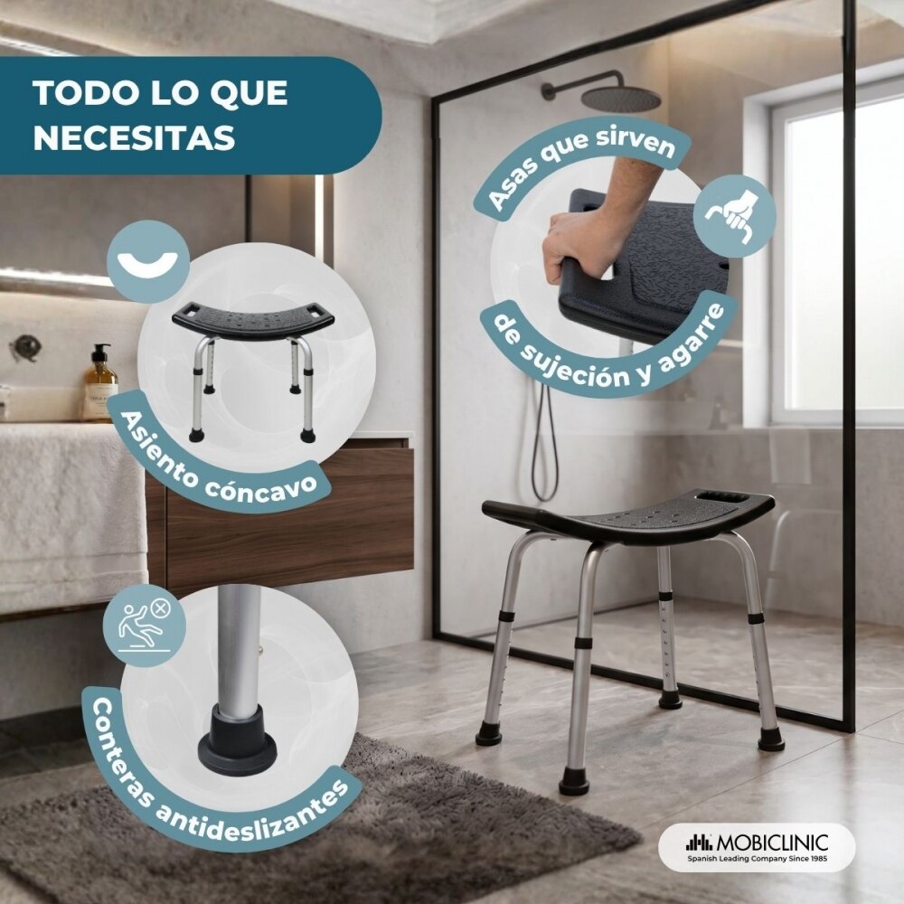 Silla de ducha Aluminio Regulable en altura Asiento de ducha Conteras antideslizantes San Fermín Mobiclinic Negro-4