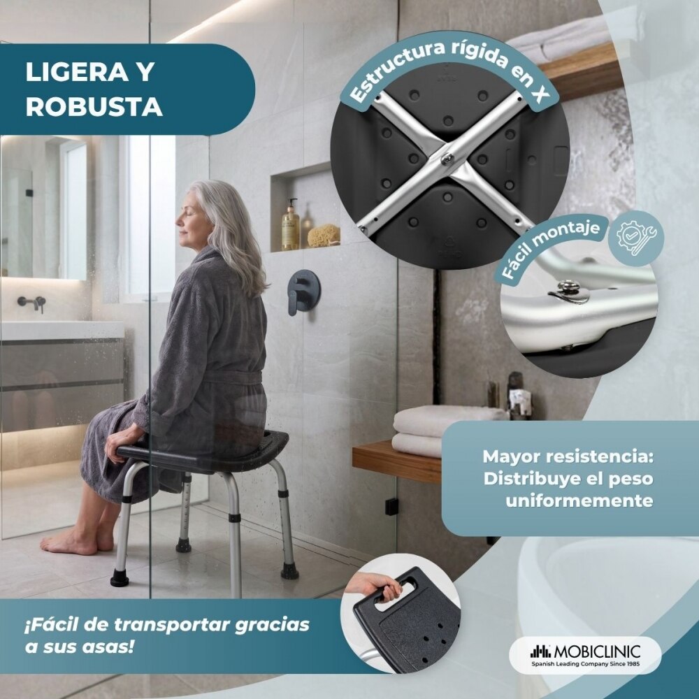 Silla de ducha Aluminio Regulable en altura Asiento de ducha Conteras antideslizantes San Fermín Mobiclinic Negro-6